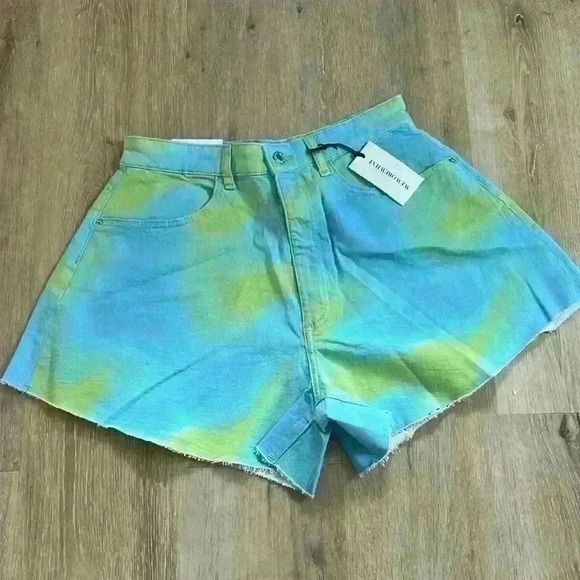 WE WORE WHAT LIME GREEN/SKY BLUE MIX, FLARE BELL CUT OFF SHORTS